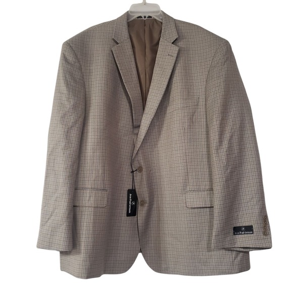 NWT Jean Paul Germain Sport Blazer Men Tan Blue 56R Plaid Lined Tweed Two Button - Picture 1 of 15